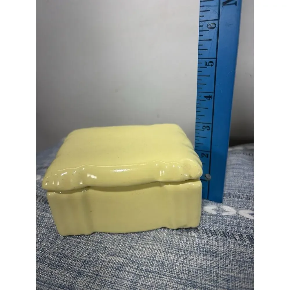 Vintage Yellow Ceramic Pillow Trinket Box Lidded Jewelry Box Retro Decor